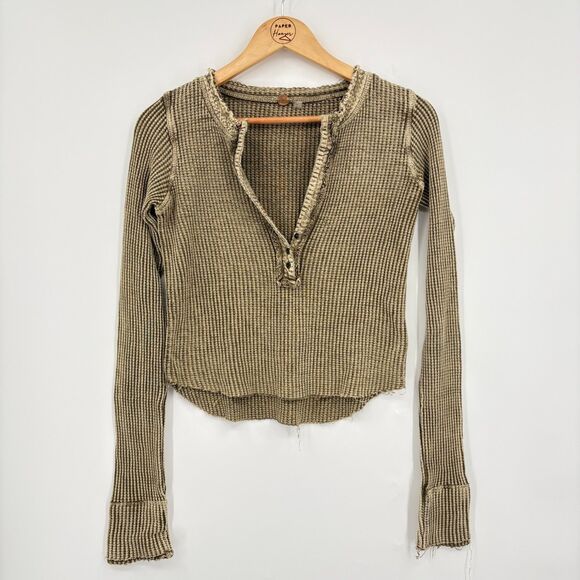 Free People One Colt Thermal Top, Sz XS, Beige Long Sleeve Boho Bohemian Raw Hem - Picture 3 of 10